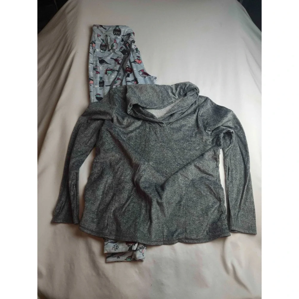Cuddl Duds Pajama Set Womens Size PM Gray Blue Fleece Bird Print Winter Warm